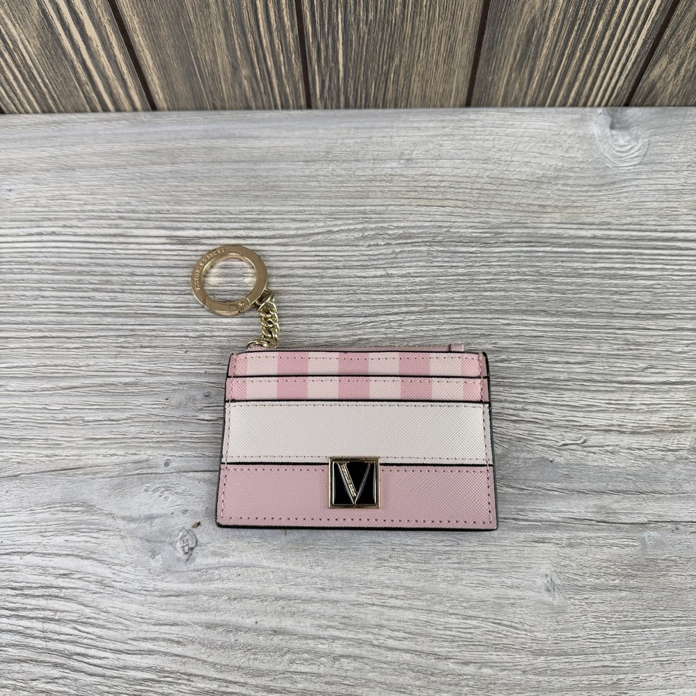 Victoria's Secret Signature Pink Stripe Snap Keychain Wallet Card Holder "READ"